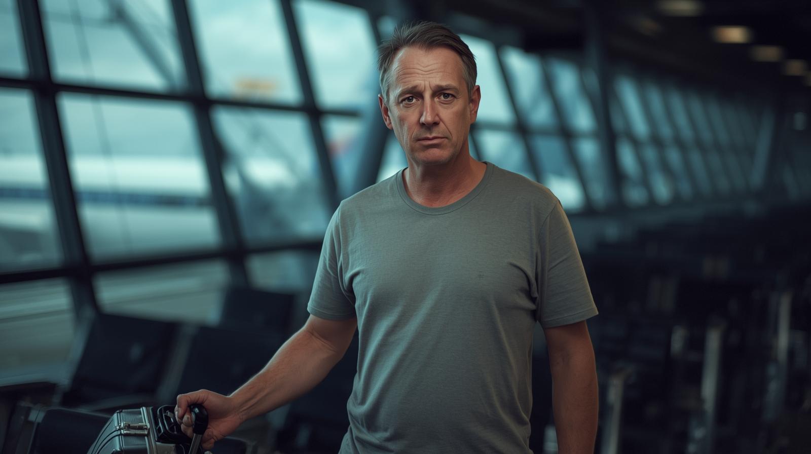 create-an-image-of-a-balding-man-looking-confused-on-a-airplane-or-packing-his-bags-to-go-on-a-flight A man looking confused while wondering if its better to get hair transplants in turkey or america